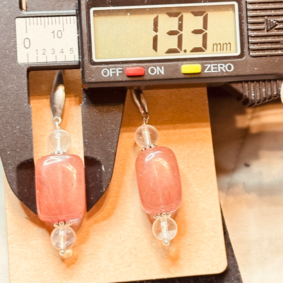 Stainless Steel Wide Hook Earrings Cherry Quartz & Clear Quartz Handmade - Picture 11 of 15